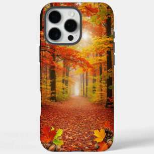 Coque iPhone 16 Pro Max Sentier chaud de forêt automnale aux feuilles doré