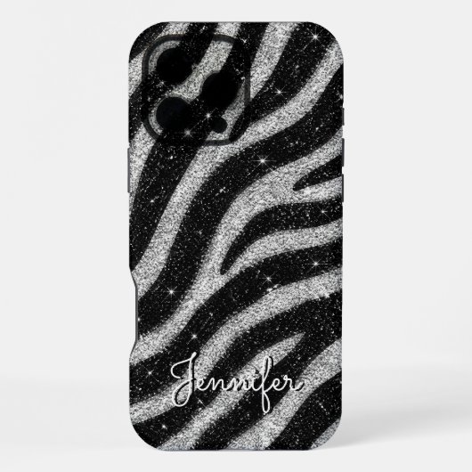 Coque iPhone 16 Pro Max Silver Glitter Zebra Print Glam Personalized Name (Verso)