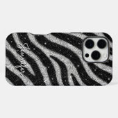 Coque iPhone 16 Pro Max Silver Glitter Zebra Print Glam Personalized Name (Verso Horizontal)