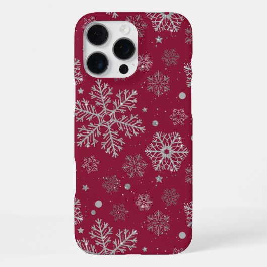 Coque iPhone 16 Pro Max Silver snowflakes on dark red (Verso)