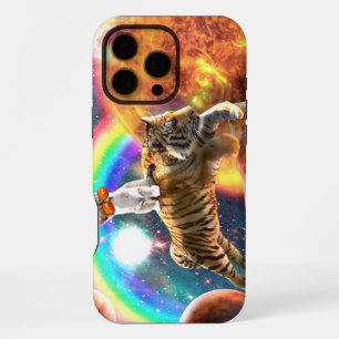 Coque iPhone 16 Pro Max Space Galaxy Cat Riding Tiger sur Pizza