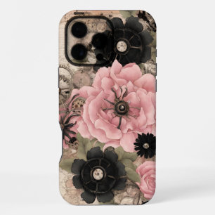 Coque iPhone 16 Pro Max Steampunk Bohème Vintage Floral Rose & Noir