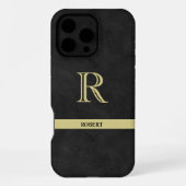 Coque iPhone 16 Pro Max Texture de cuir noir Monogramme Nom Or (Verso)