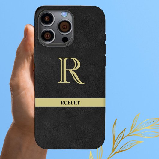 Coque iPhone 16 Pro Max Texture de cuir noir Monogramme Nom Or