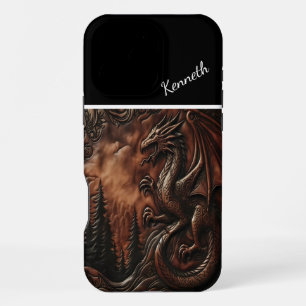 Coque iPhone 16 Pro Max Travail du cuir de la crête du dragon