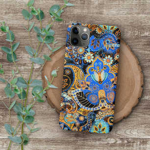 Coque iPhone 16 Pro Max Turquoise Bleu Orange Noir Paisley Floral Art