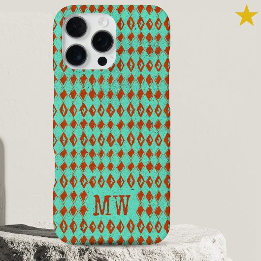 Coque iPhone 16 Pro Max Turquoise Doodle Diamond Pattern Custom Monogram