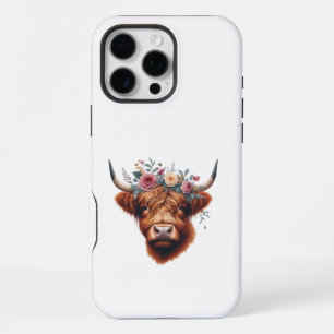 Coque iPhone 16 Pro Max Vache des hautes terres mignonne, florale/printani