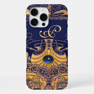 Coque iPhone 16 Pro Max Vase Antique,Dauphins,Or,Monogramme Bleu Marine