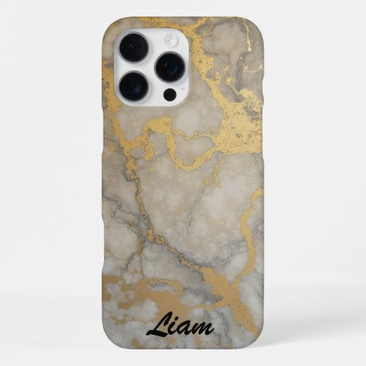 Coque iPhone 16 Pro Max Veines d'or dans du marbre gris (Verso)