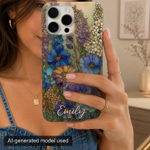 Coque iPhone 16 Pro Max Verre Coloré de Jardin Floral Personnalisé Vintage