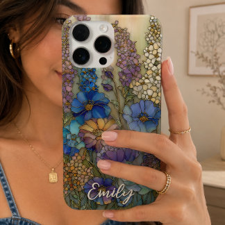 Coque iPhone 16 Pro Max Verre Coloré de Jardin Floral Personnalisé Vintage