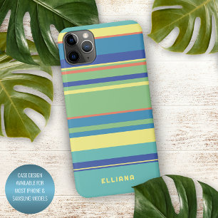 Coque iPhone 16 Pro Max Vert Citron Bleu Foncé Orange Jaune d'Été Rayures