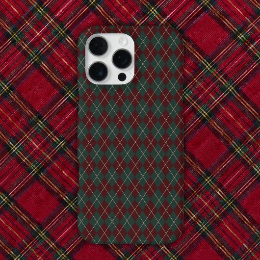 Coque iPhone 16 Pro Max Vert & Rouge Burgundy Argyle Noël Fêtes