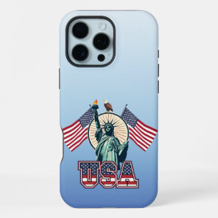 Coque iPhone 16 Pro Max Vintage, Statue de la Liberté, drapeau et aigle