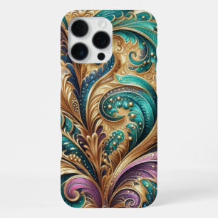 Coque iPhone 16 Pro Max Violet Pourpre Sarcelle Bleu Vert Or Paon Motif
