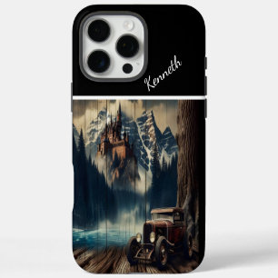 Coque iPhone 16 Pro Max Voiture Ancienne près d'un Château de Montagne