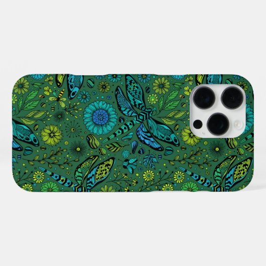 Coque iPhone 16 Pro Max Vole, vole libellule sur vert émeraude (Verso Horizontal)