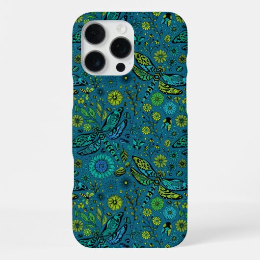 Coque iPhone 16 Pro Max Voler, pilonner la libellule en bleu (Verso)