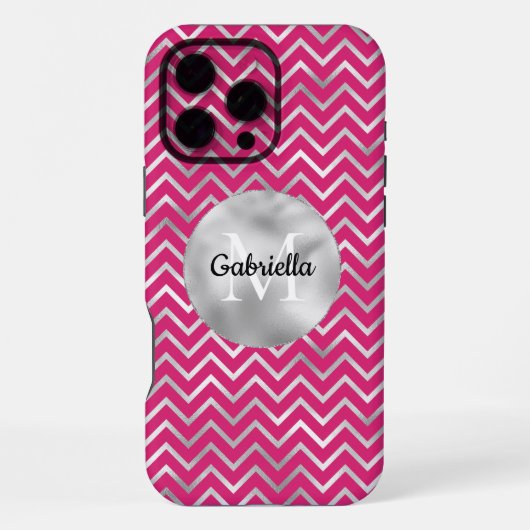 Coque iPhone 16 Pro Max Zigzag rose argent rayures Monogramme (Verso)