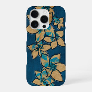Coque iPhone 16 Pro Melia Hawaïen Plumeria Bois Faux Bleu