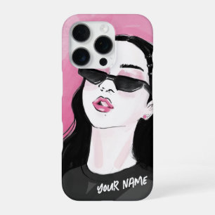 Coque iPhone 16 Pro Mode Personnalisée Noir Rose Fille Graphique Moder