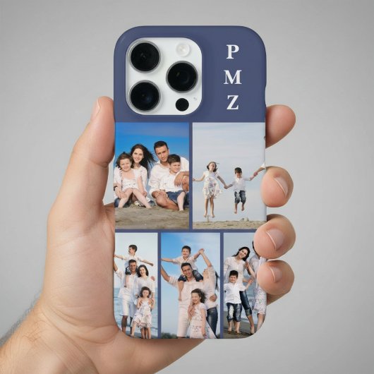 Coque iPhone 16 Pro Modern Monogram 5 Photo Collage Dusk Blue