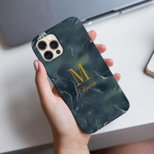 Coque iPhone 16 Pro Moderne Abstrait Vert Foncé Turquoise Monogramme N