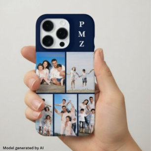 Coque iPhone 16 Pro Moderne Monogramme 5 Photo Collage Bleu Marine Fon