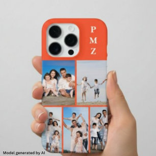 Coque iPhone 16 Pro Moderne Monogramme 5 Photo Collage Kaki Orange