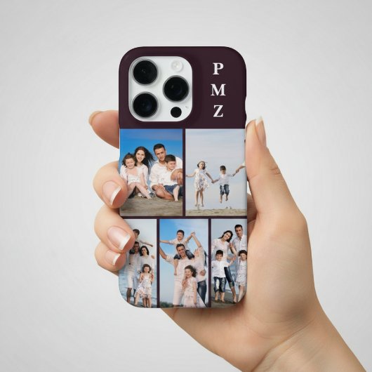 Coque iPhone 16 Pro Moderne Monogramme 5 Photo Collage Prune Violet