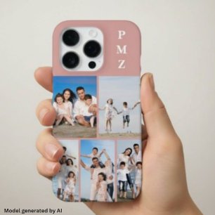Coque iPhone 16 Pro Moderne Monogramme 5 Photo Collage Rose Poussiéreu