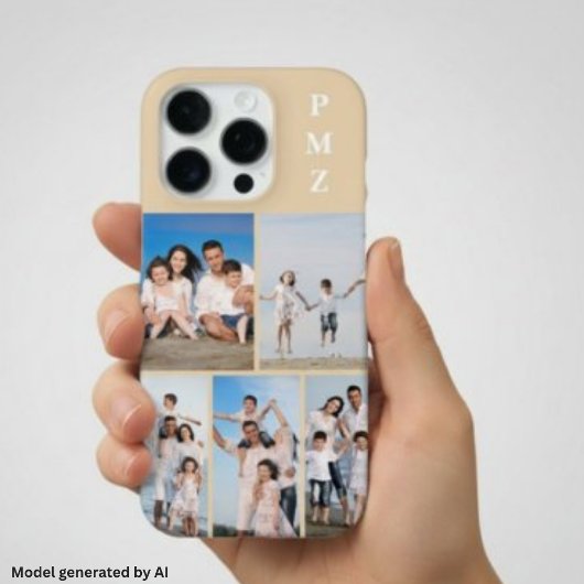 Coque iPhone 16 Pro Moderne Monogramme 5 Photos Collage Sable Crème Be