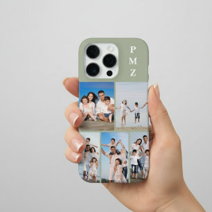 Coque iPhone 16 Pro Moderne Monogramme 5 Photos Collage Vert Sauge