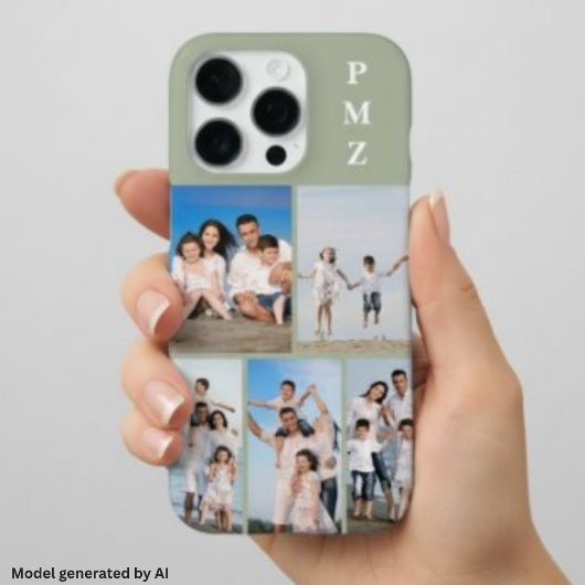 Coque iPhone 16 Pro Moderne Monogramme 5 Photos Collage Vert Sauge