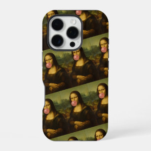 Coque iPhone 16 Pro Mona Lisa soufflant de bulle rose