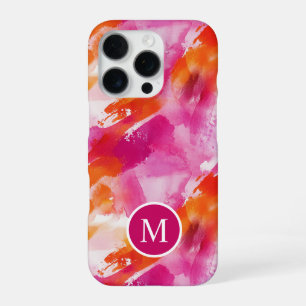 Coque iPhone 16 Pro Monogramme Aquarelle rose orange Abstrait