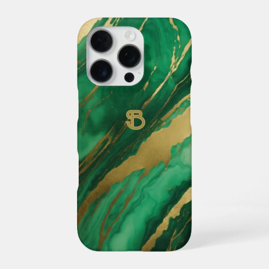 Coque iPhone 16 Pro Monogramme de marbre vert élégant or (Verso)