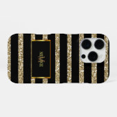 Coque iPhone 16 Pro Monogramme de nom avec rayures noires et paillette (Verso Horizontal)