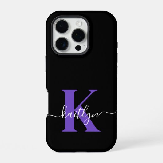 Coque iPhone 16 Pro Monogramme de script moderne violet noir (Verso)