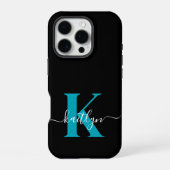Coque iPhone 16 Pro Monogramme de script sarcelle noir moderne (Verso)