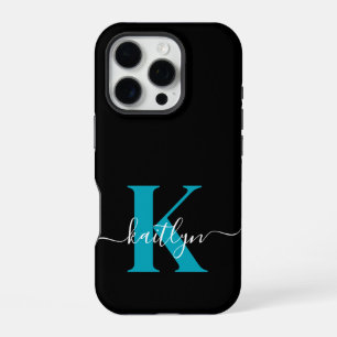 Coque iPhone 16 Pro Monogramme de script sarcelle noir moderne