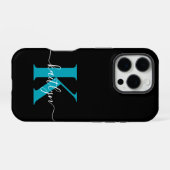Coque iPhone 16 Pro Monogramme de script sarcelle noir moderne (Verso Horizontal)
