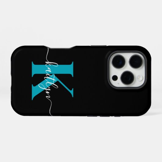 Coque iPhone 16 Pro Monogramme de script sarcelle noir moderne (Verso Horizontal)