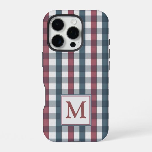 Coque iPhone 16 Pro Monogramme en plaid rouge, blanc et bleu (Verso)