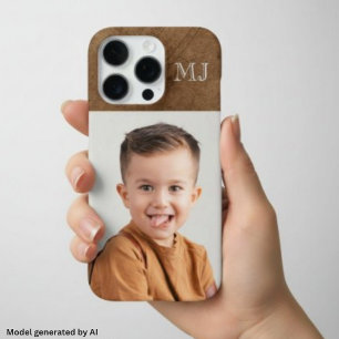 Coque iPhone 16 Pro Monogramme Moderne 1 Photo Marron en Cuir Vieux