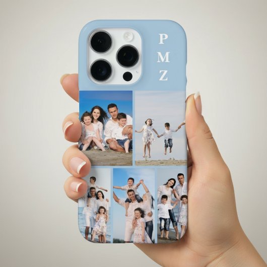 Coque iPhone 16 Pro Monogramme Moderne 5 Photo Collage Bleu Bébé