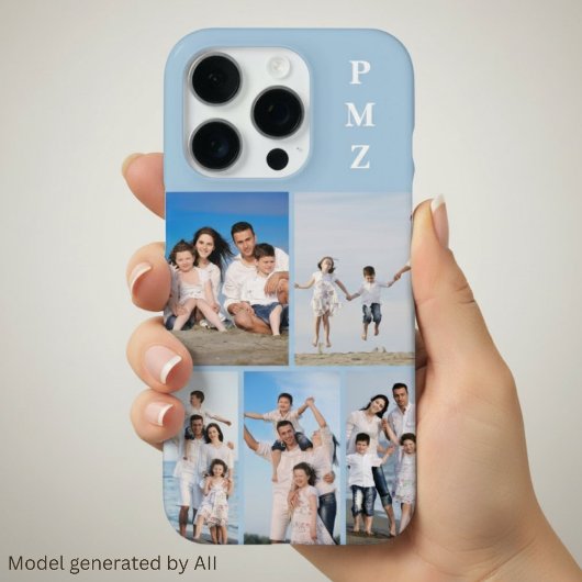 Coque iPhone 16 Pro Monogramme Moderne 5 Photo Collage Bleu Bébé