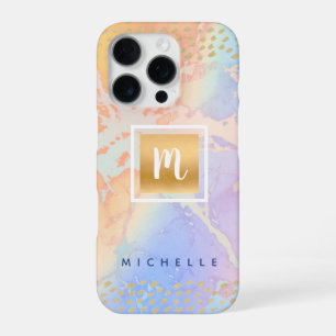 Coque iPhone 16 Pro Monogramme moderne en aquarelle or violet bleu ave