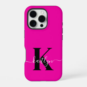 Coque iPhone 16 Pro Monogramme moderne rose vif noir